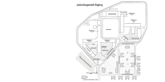 Skizze der Gebäudeaufteilung in der Justizvollzugsanstalt Siegburg.