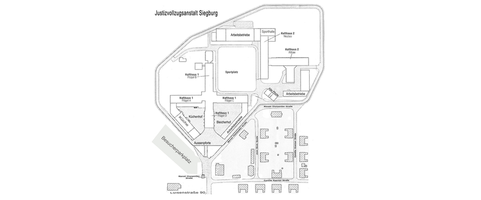 Skizze der Gebäudeaufteilung in der Justizvollzugsanstalt Siegburg.