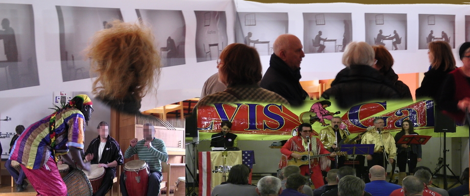 Collage aus Bildern zur Ausstellung "Schattenbilder", der Elvis Gala Show mit Jonny Winters und von dem Trommelworkshop mit Aidara Seck.